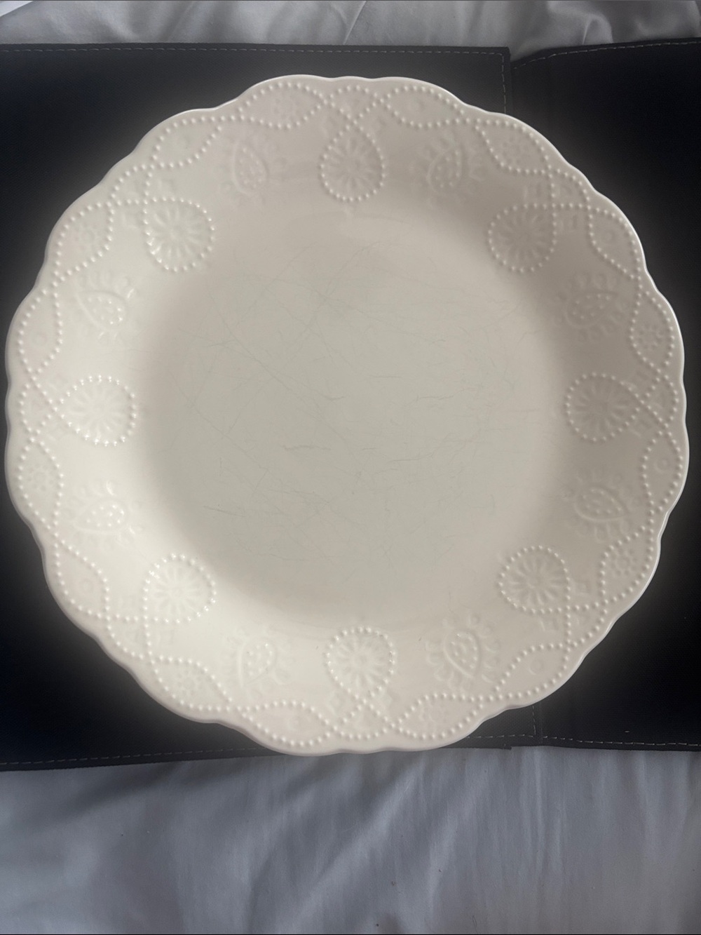 Pioneer Woman Cowboy Lace discontinued Dinner Plate. Linen White